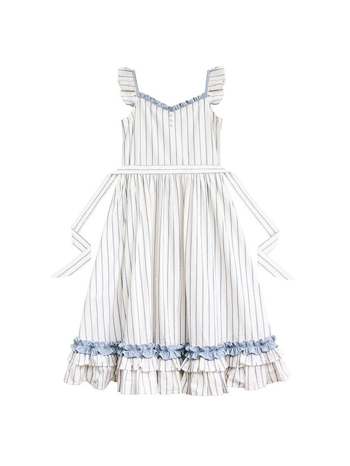 Flattergürtel mit blau gestreiften beigen Ärmeln und Kleid