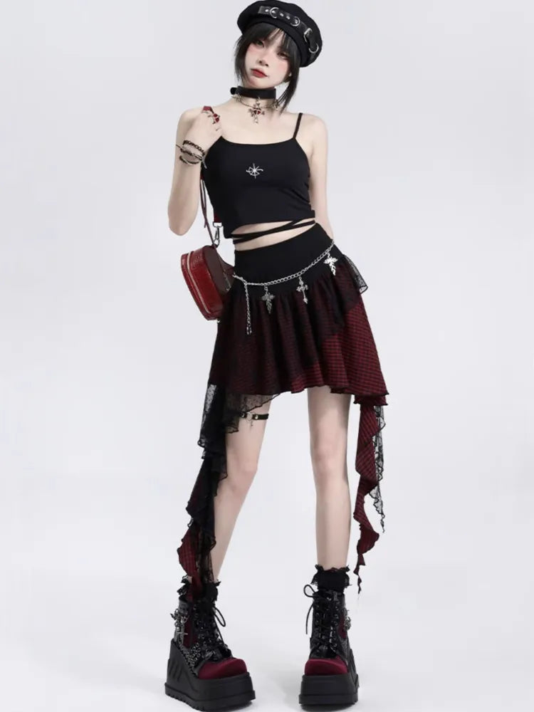 Rock Plaid Rot/Schwarz Schwarz Rosa Spitze Panel Unregelmäßigen Saum und