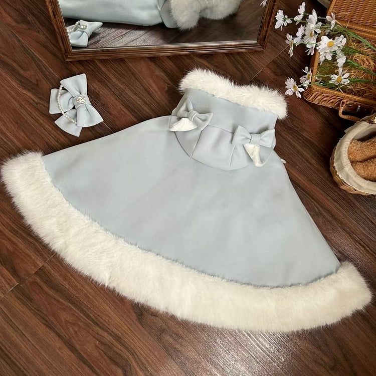 Fur Hooded Baby Cape Winter Blue Trim Woolen Lolita Faux Cat-Ear