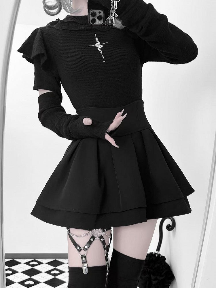 Knit Top with Snake Embroidery Mock Neck Gothic Flutter and Sleeves Black