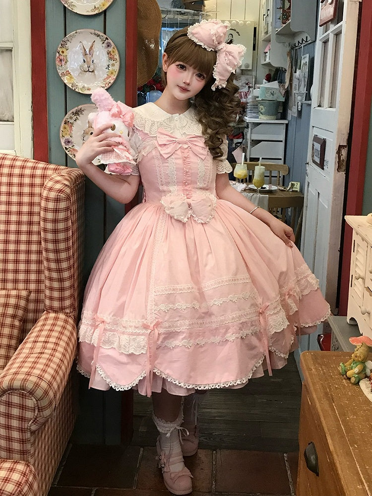 Lolita Old School Pullover Saum Rosa Kleid Besatz Gewellter Rand Rock