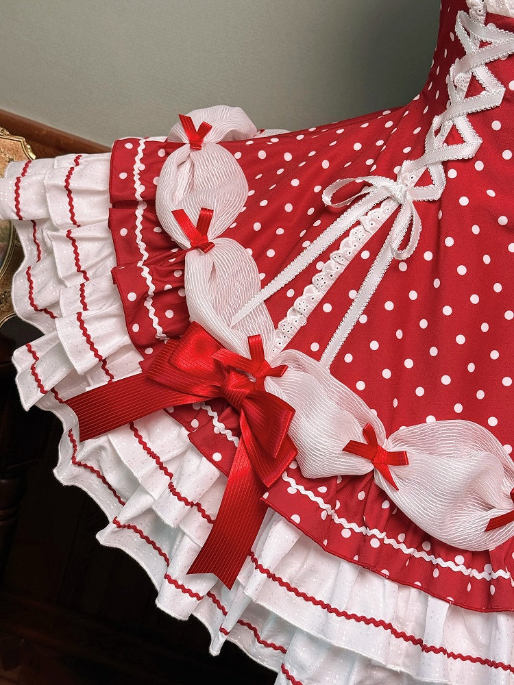 und Puffkleid mit gepunkteten Ärmeln, Schul-Polka-Lolita-Ausschnitt mit altroten Akzenten, Neckholder-Schleife