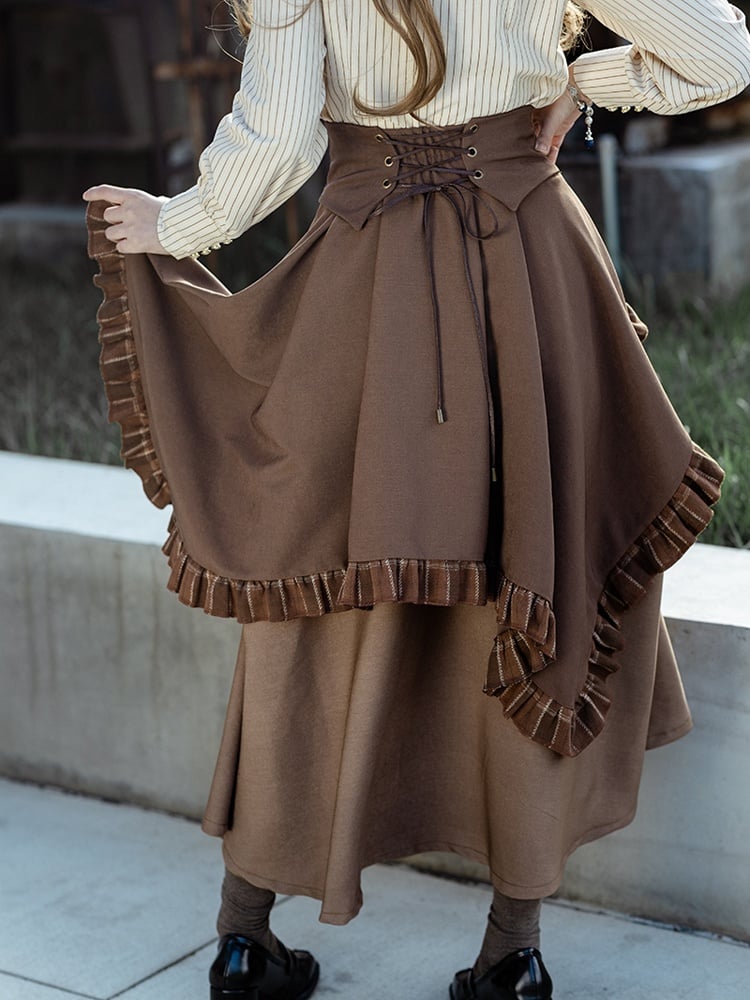 Train Hem Brown Ruffled Plaid Dark Pattern Steampunk