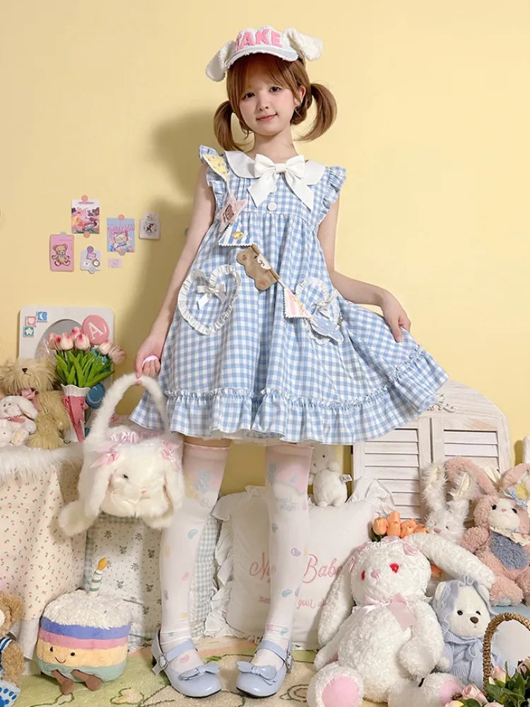 Blue Pockets Heart-shaped Sweet Dress Bowknots Plaid Flutter Sleeves Light