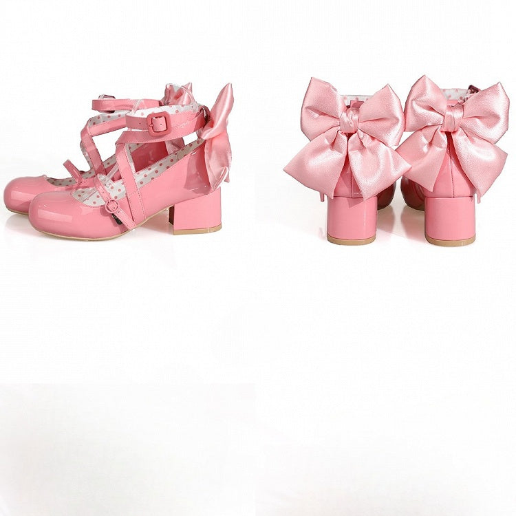 PU - Akzent Süßes Schleifendesign Tiefer Kreuz- und Mittelabsatz Lolita Pink Schuhe