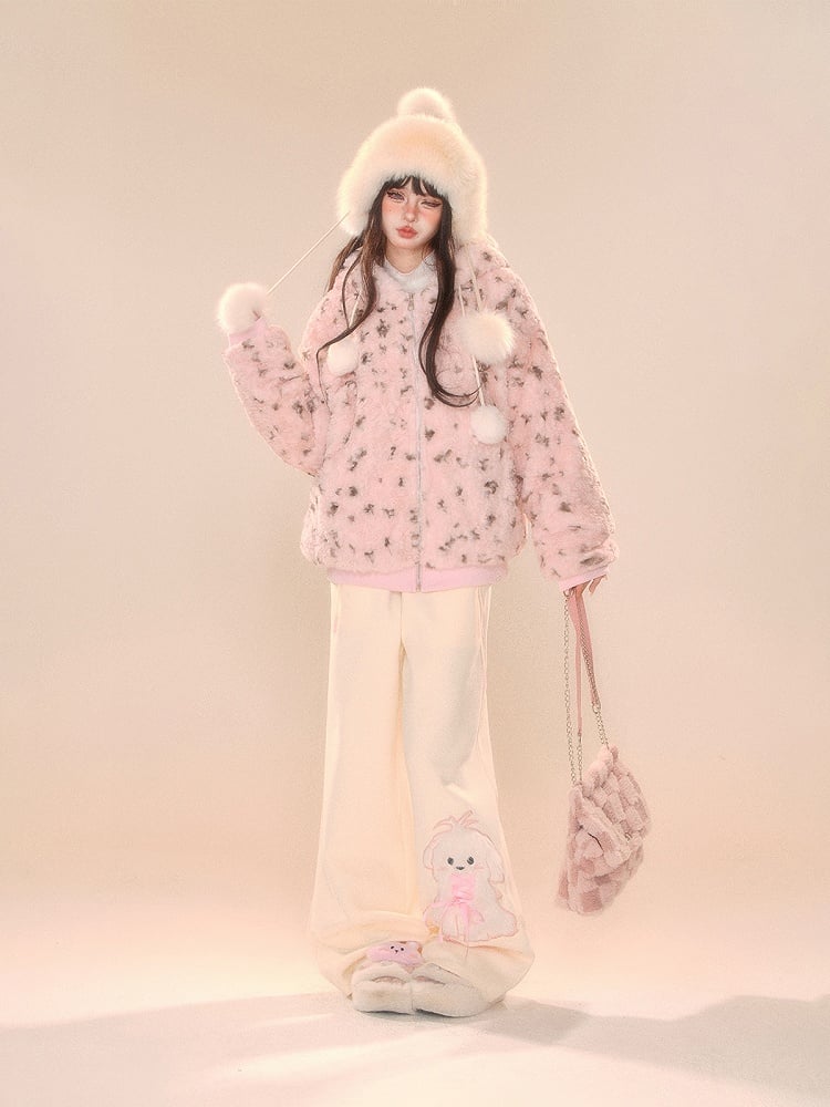 Beige Wide-Leg Pants with Pink Waistband and Embroidered Puppy Design