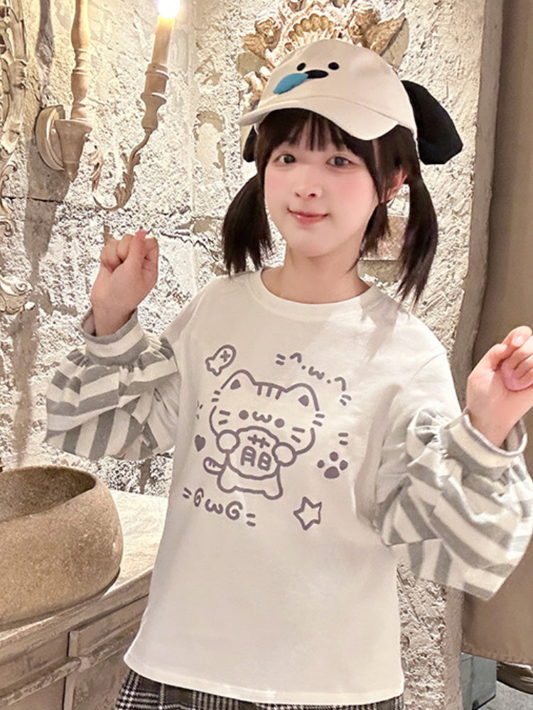 White Kitty Print Striped Long Sleeves T-shirt