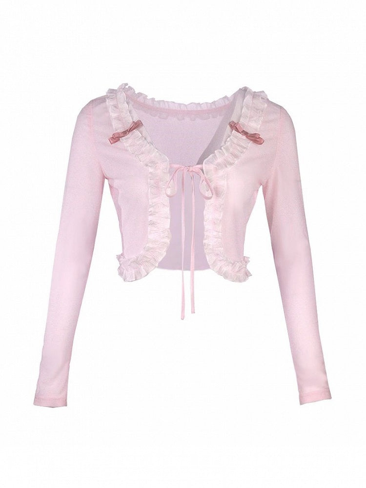 Cardigan With Self-tie Pink Bow Knit Crop Straps Lace Trim