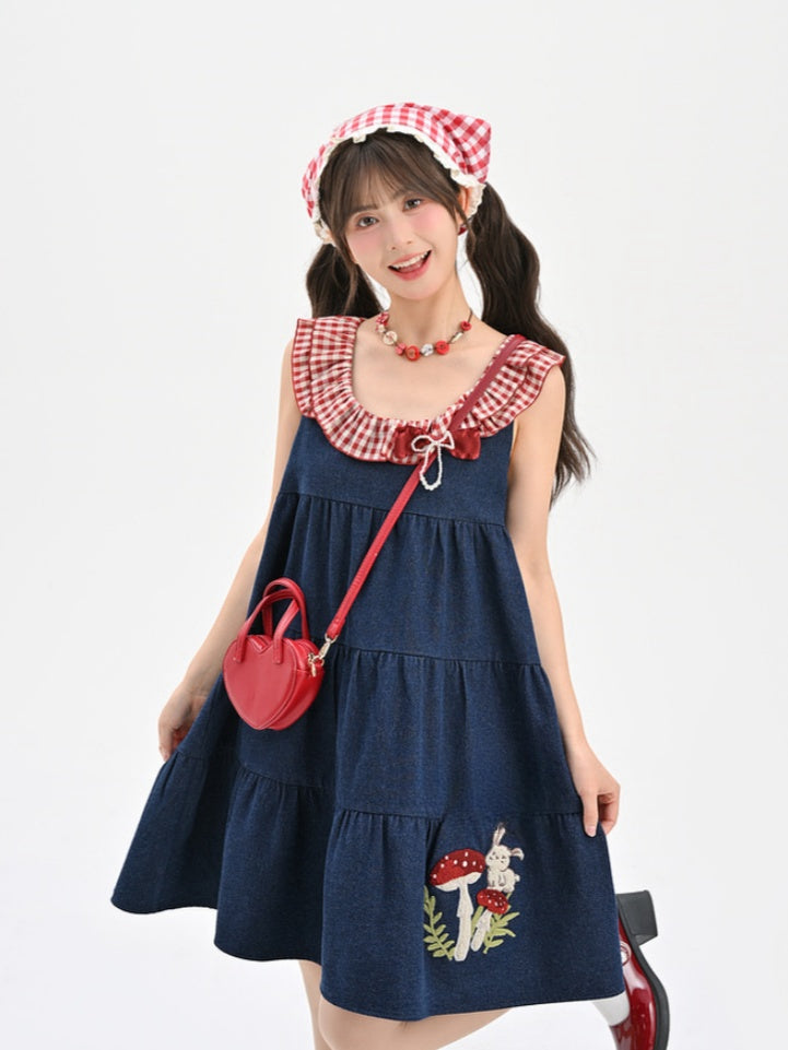 Bunny and Mushroom Embroidery Red Navy Blue Sleeveless Dress Neckline Plaid