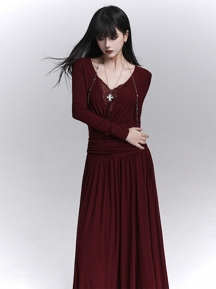 Maxi Gothic Detailing with Dark Red Abdomen Dress Lace V-Neck Ruched