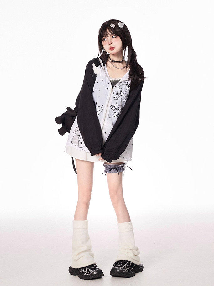 Design Hood Ears Kitty Colorblock Zip-up Jacket Cartoon Print Black/Green