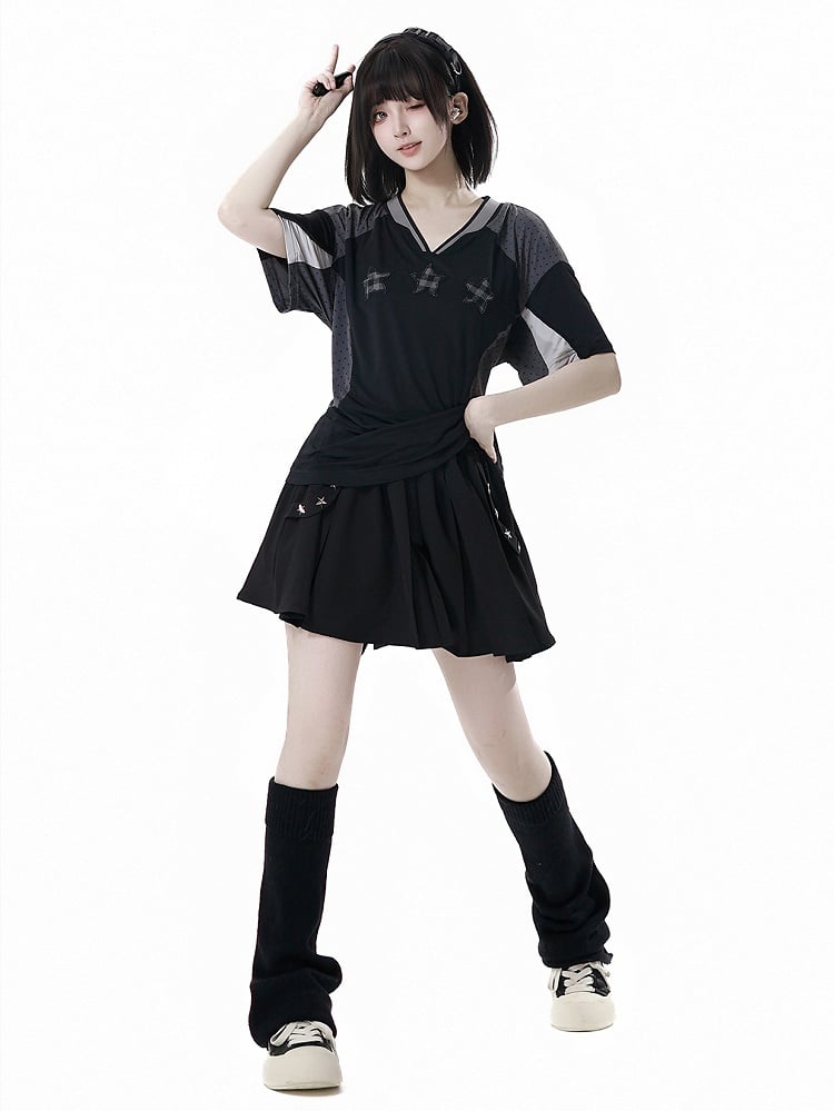 T-shirt Star Appliques V-neck Sports Colorblock Design Plaid Black/Gray