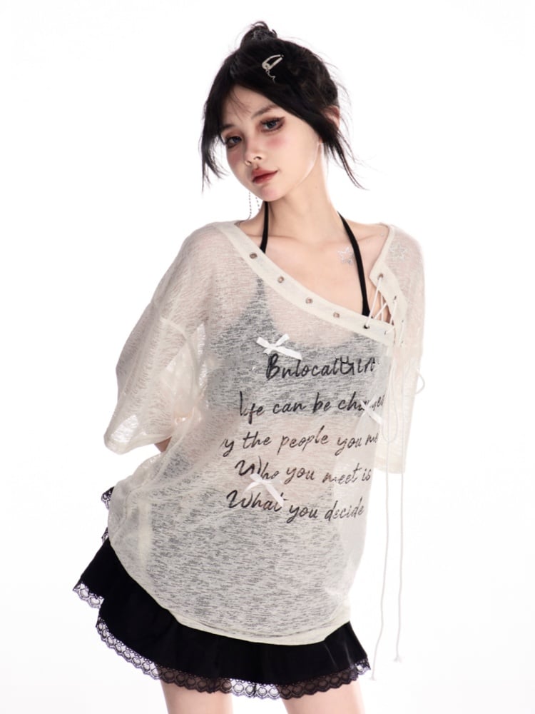 Apricot Lace-up Asymmetrical Neckline Letter Print Semi-sheer