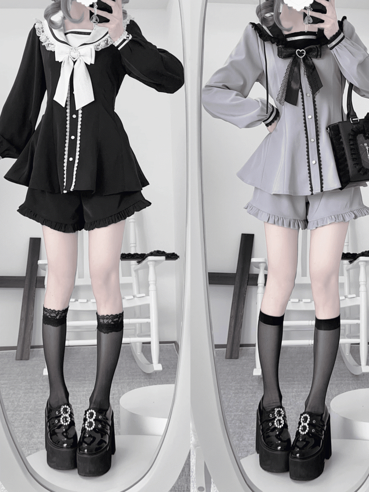 Black White Kei + Ears Bow Mini Dress + Ruffle Hem Shorts Jirai and Back Tie Sailor Collar Bunny Design Set-