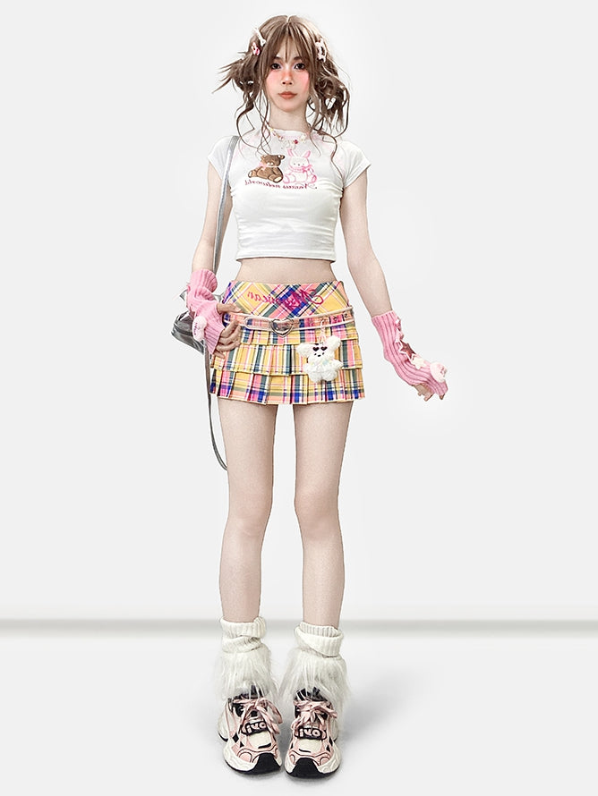 Print Colorful Skirt Y2K Pleated Pattern Plaid Letter