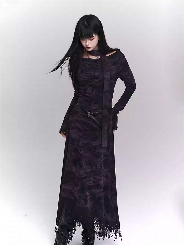 Wasteland Punk – Lilafarbenes, asymmetrisches Kleid mit Quastensaum und Seitenschlitz