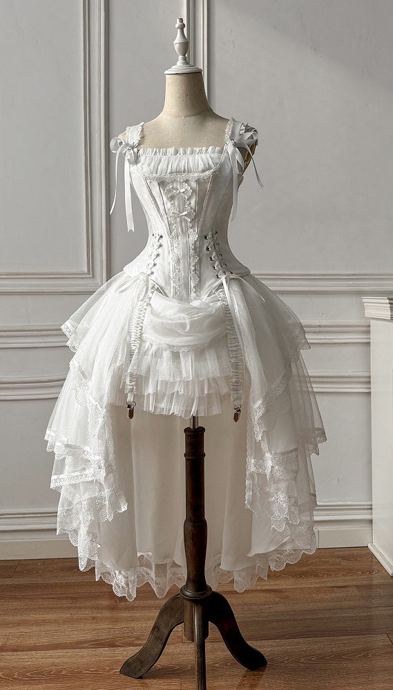 White Lace-up Details Boned Corset Top + High-low Layered Lolita Skirt