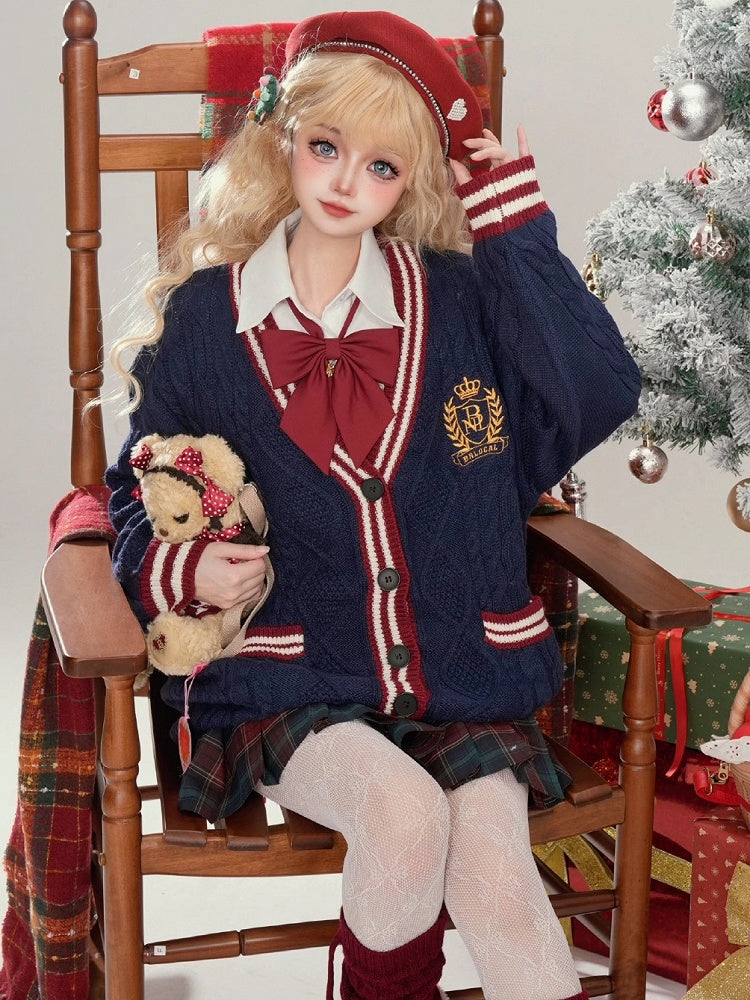 Weihnachten Marineblau V-Ausschnitt Preppy Lose Strickjacke Kontrast Streifenbesatz