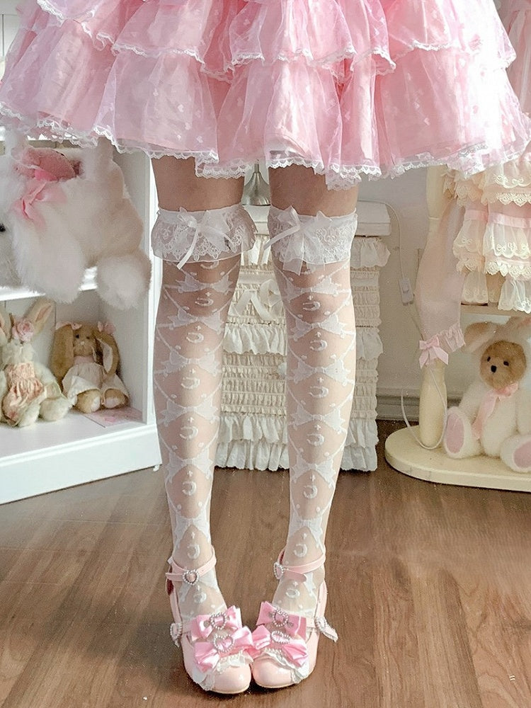 Sweet Pattern White Bowknots Cuffs Stockings Lolita Underknee/Overknee and Moon Lace