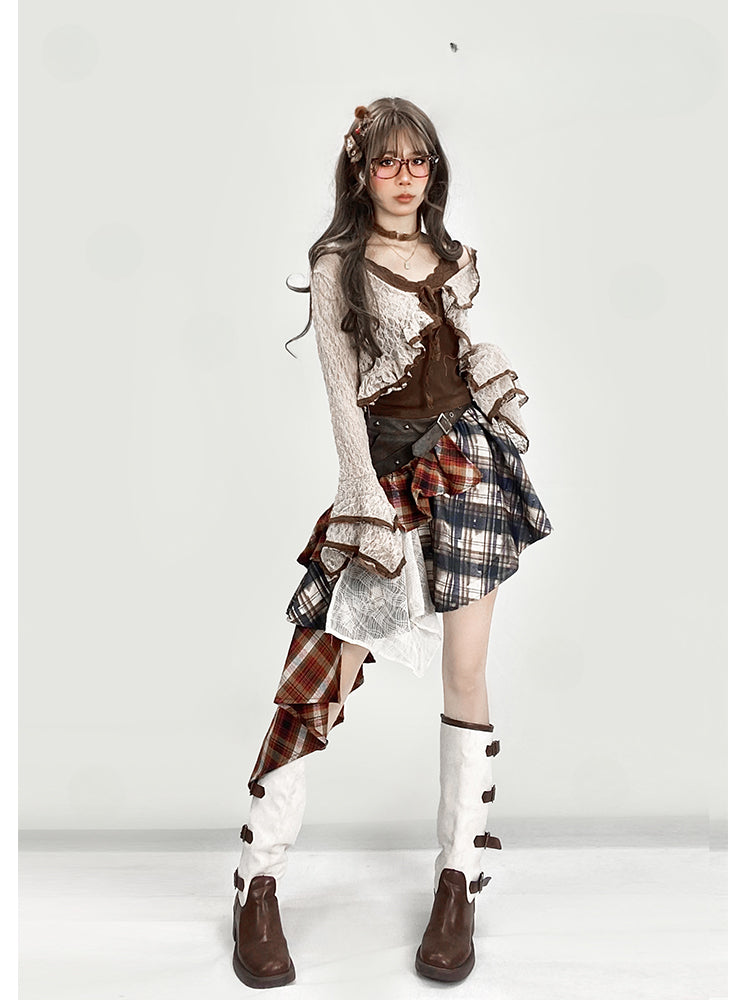 ヴィンテージレッドチェック柄ローウエストアシンメトリーヘムグラマラススカート