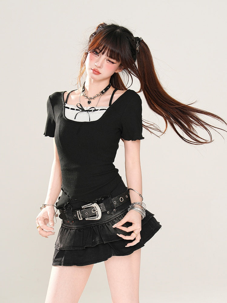 Faux Two-pieces Neckline Curved Hem Black Off-the-shoulder Glamorous T-Shirt