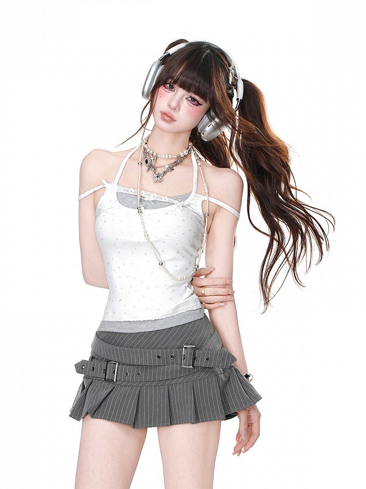 Gray/White Halter Neck Bowknot Details Faux Two-Piece Glamorous Cami Top