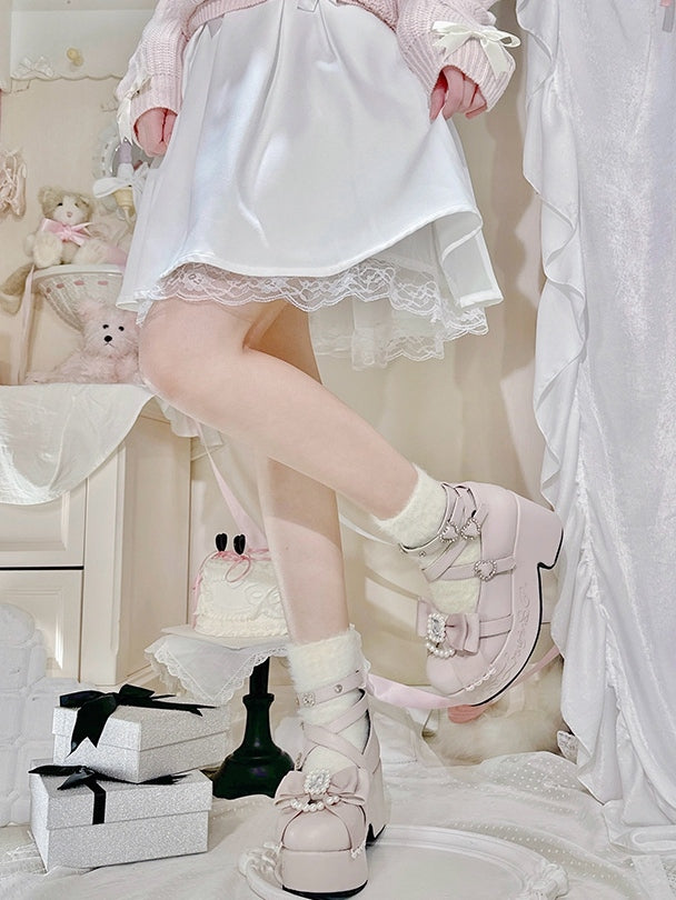 Heels Decorated Beaded Kei Pink And at High Top Platform Jirai Matte Bow Rhinestone Block
