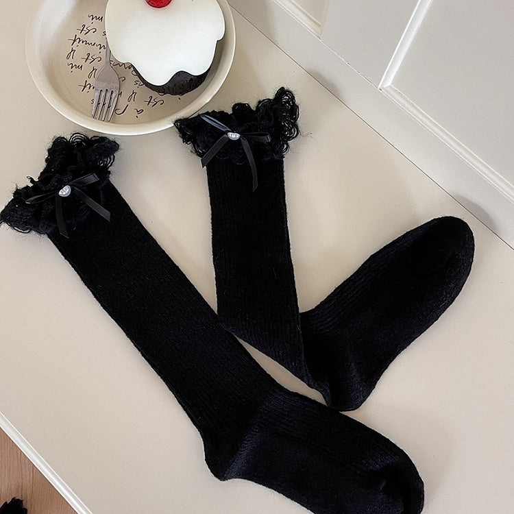 Chaussettes Lolita blanches à revers en dentelle et nœud papillon