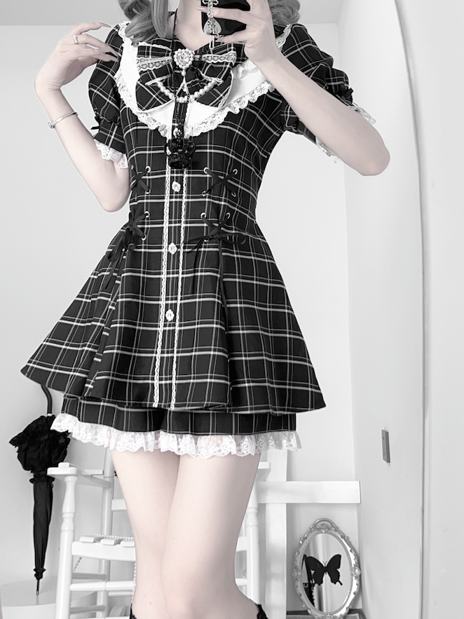 Mini Dress+Shorts Jirai Black Lace-up Plaid Set Embellished Details Kei Waist Rhinestones