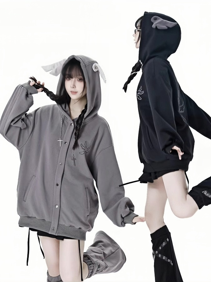 Bittersweet Chain Gray/Black Hood Design Hoodie Wing Cross Wing Embroidery Back Spring
