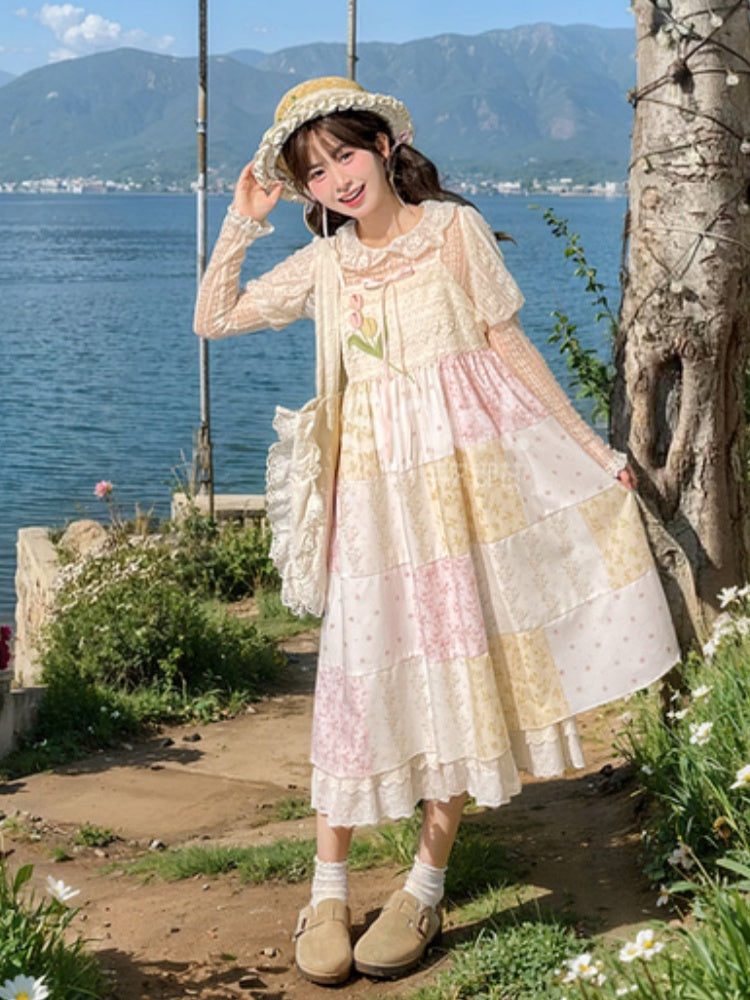 Mori Kei Beige & Pink Tulip Floral Patchwork Summer Dress