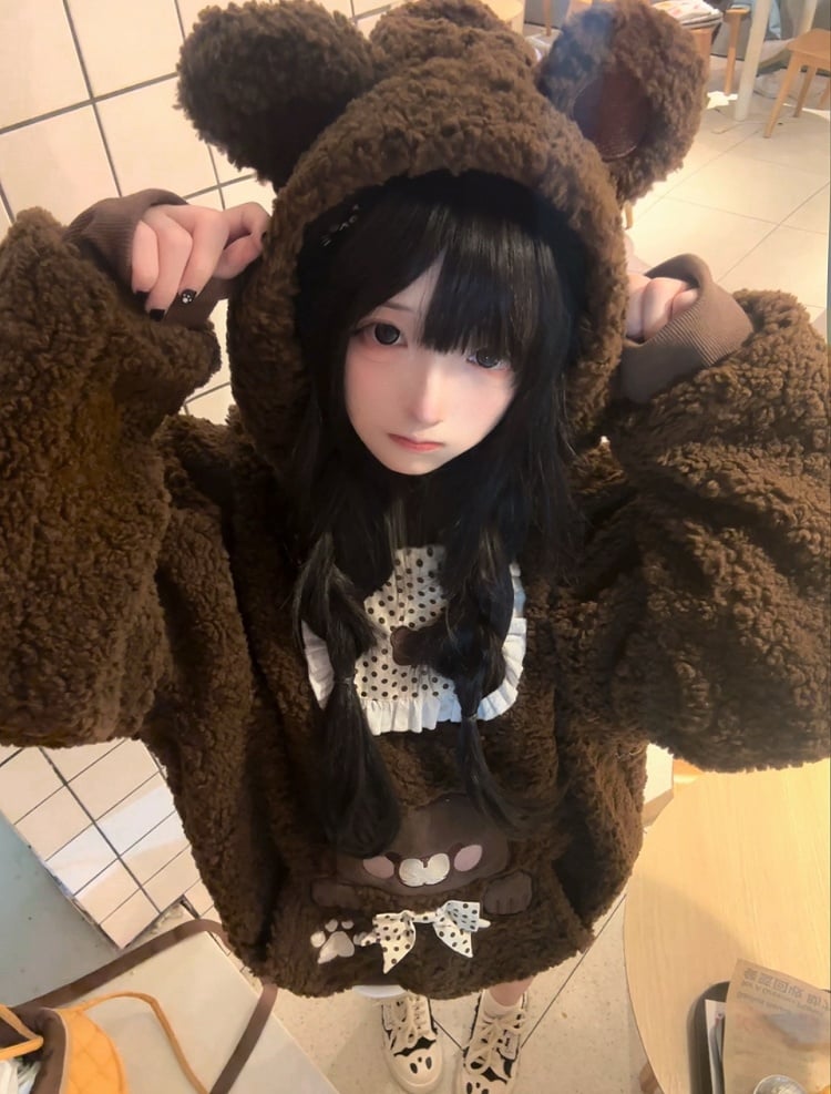 Brown Plush Fleece Hoodie with Bib Design