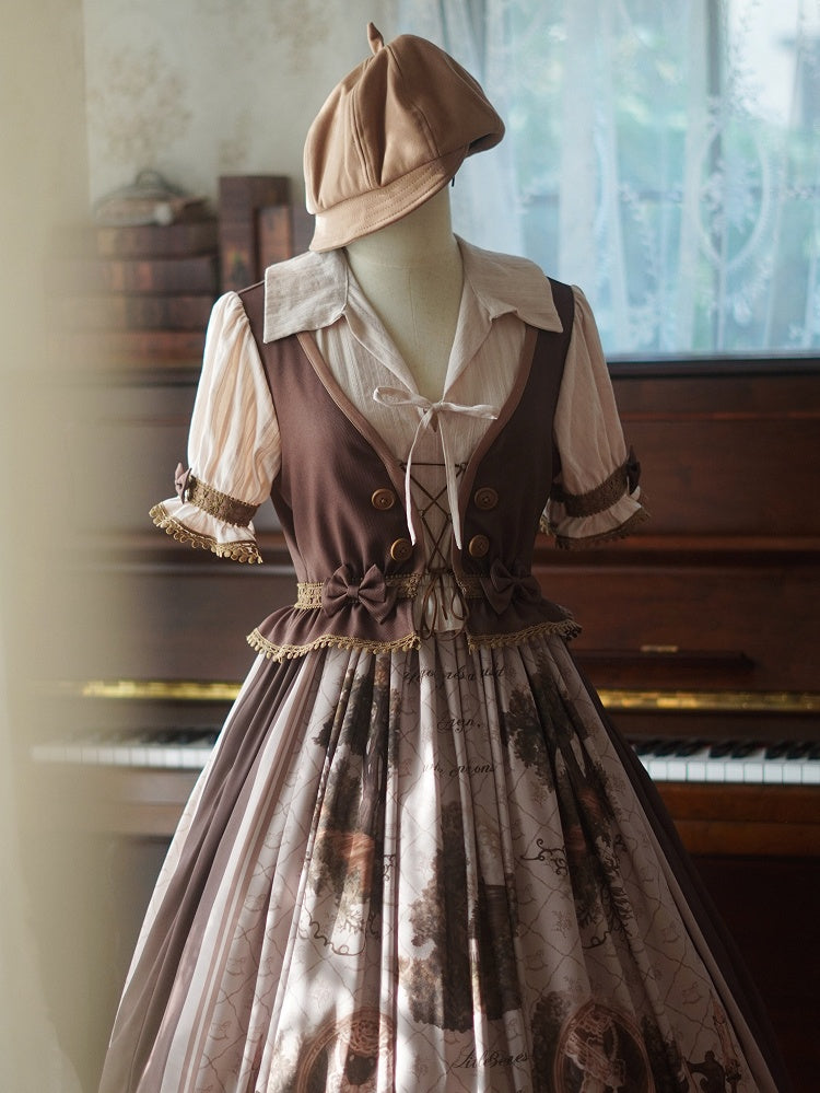 Braunes Weste-Mieder-Baumhaus-Lolita-Kleid, gefälschter Zweiteiler, Lolita-Einteiler