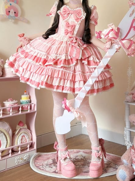 Dress Pink Sweet Lolita Short Piece One Sleeves Bow Accents