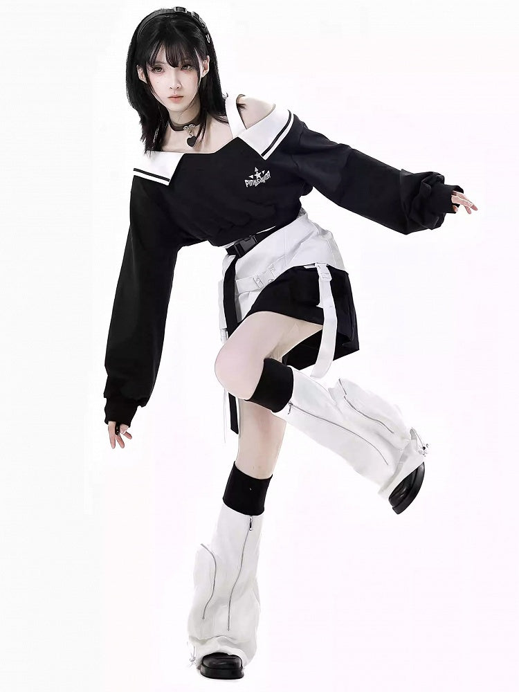 Wasteland Black V-Neck Futuristic Techwear Cropped Sweatshirt Punk