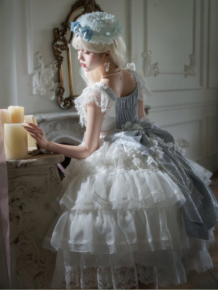 Bows and Skirt Decoration Dress Full Tiered Set Hanayome Blue White Lolita JSK Hime
