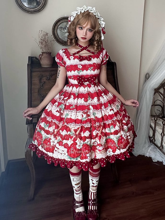 Red Strawberry High Waist Sweet Lolita Dress