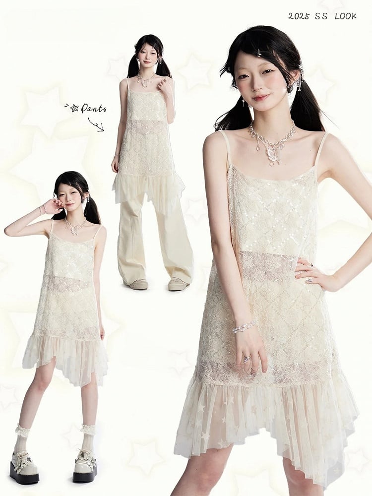 Strapless Hem Cropped Sequins Mesh Slip Dress/Apricot Apricot Semi-sheer Top Star Pattern Asymmetrical