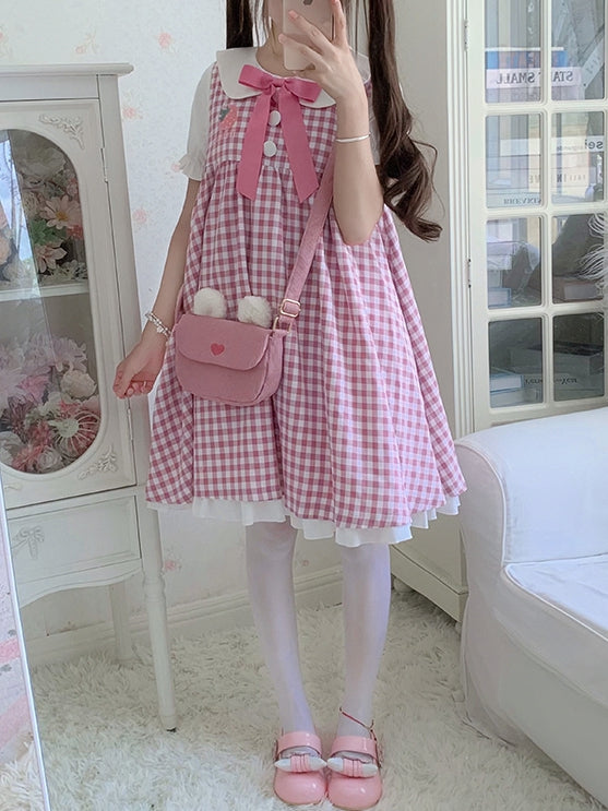 Pink Strawberry Peter Pan Collar Plaid Short Puff Sleeves Dress