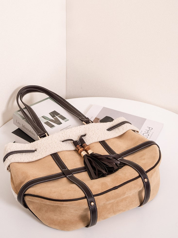 Brown Tote Bag With Vintage Bamboo Knot Accents - Large Capacity Shoulder Bag For Fall And Winter Plush Trim