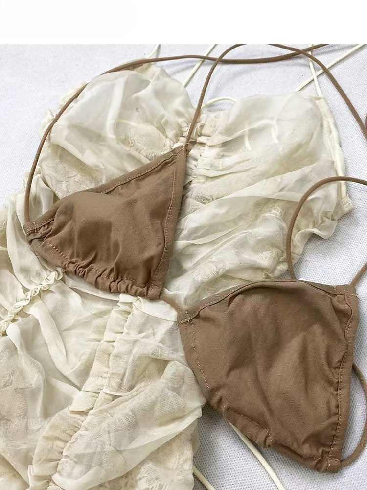 Cami Set- Self-tie Glamorous Trim Dress Ruffle Skirt + Straps Beige