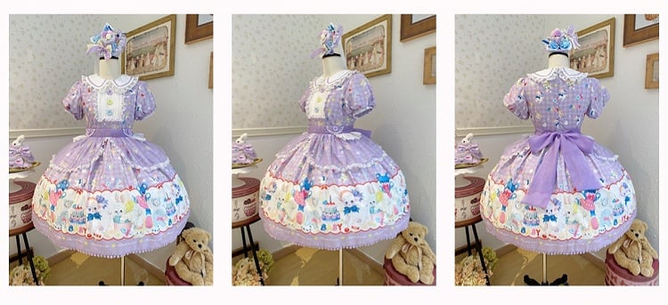 Lamb Clearance-Size L Dress Bear Print Sweet Collar 100CM Lolita and Purple Bust Pan for Peter Short Sleeves