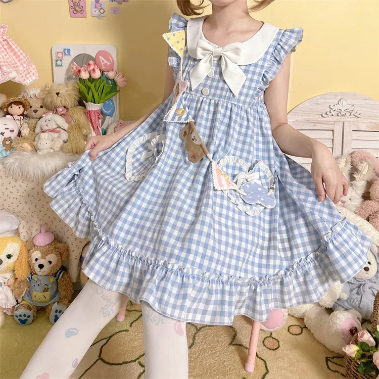 Blue Pockets Heart-shaped Sweet Dress Bowknots Plaid Flutter Sleeves Light