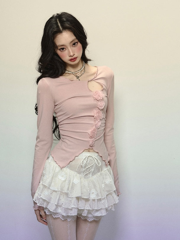 Knitted Detail Neck Floral Embellished Cutout Top Pink Round Glamorous