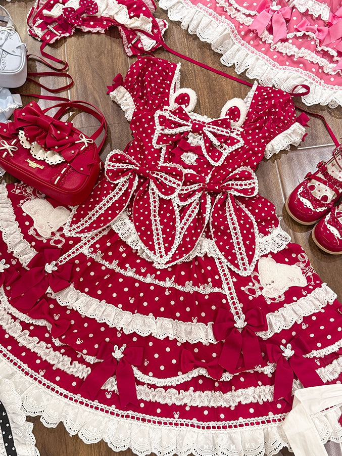 Plush Bunny Pattern Gorgeous Square Sweet Dress Lolita Ears Red Neckline Polka Version Dots