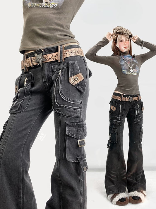 Distressed Cargo Flared with Punk Black Wasteland Millard Vintage Design Pockets Fashion Jeans