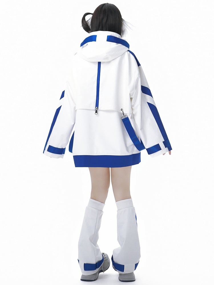 Veste coupe-vent à capuche Jirai Kei Techwear bleu et blanc avec bretelles