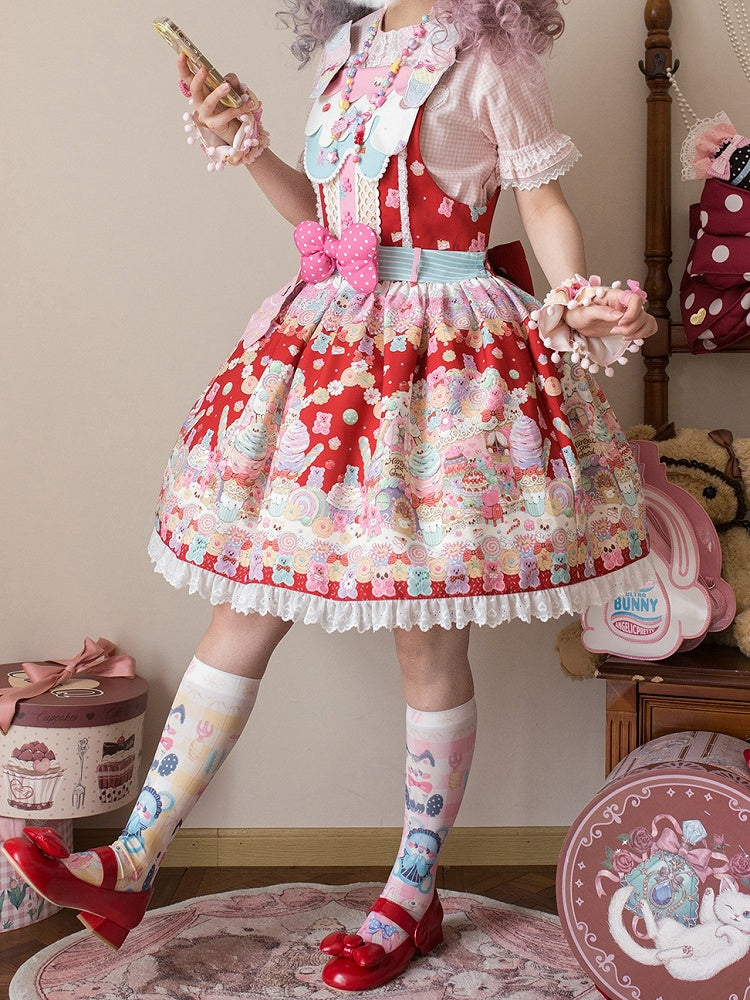 Overall Sweet Desserts Red Gummy Print and Bear Lolita Dress