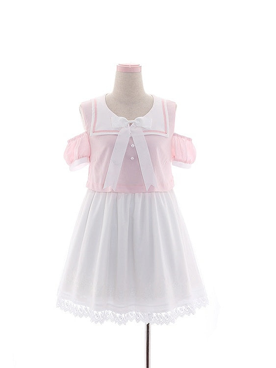 Collar Pink/Blue Bunny Ear and Tail Detail Sailor Chiffon Back