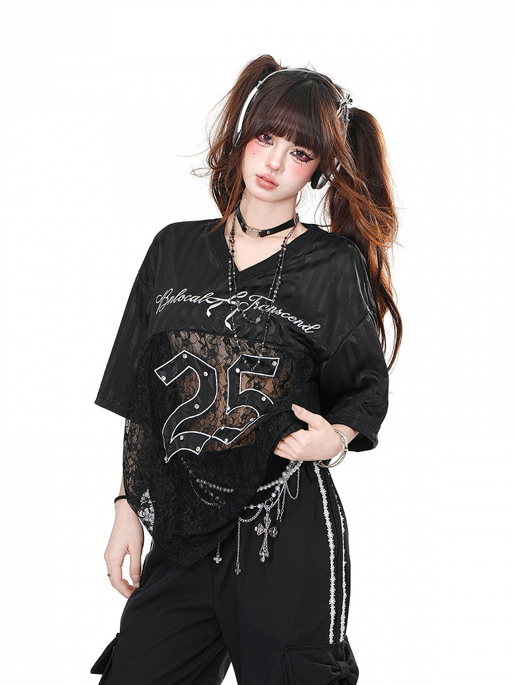 Black/White V-Neck Number Print Contrast Lace Patches Loose T-shirt
